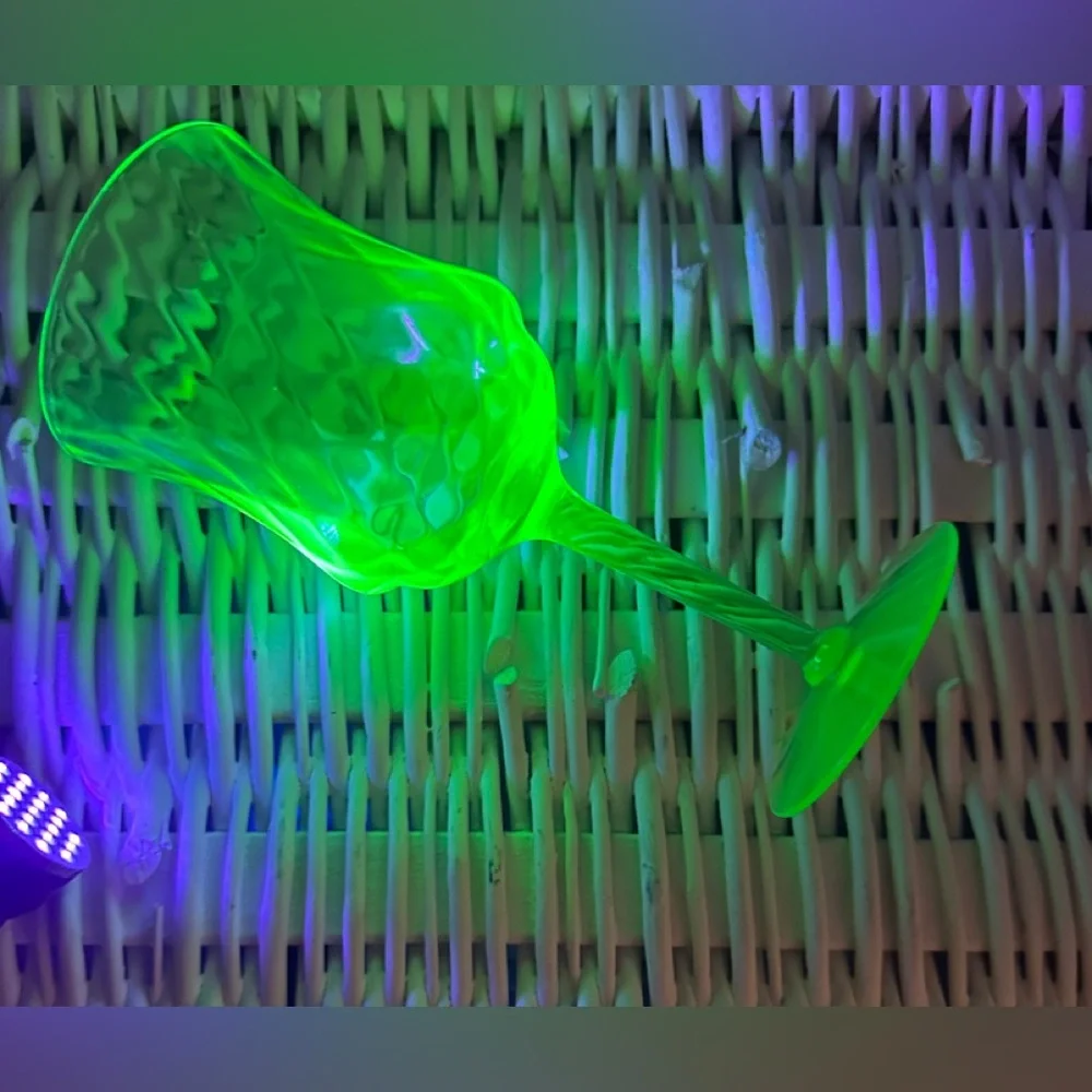 Vintage Uranium Glass Goblets Pair Tiffin Green Diamond Optic UV Glow